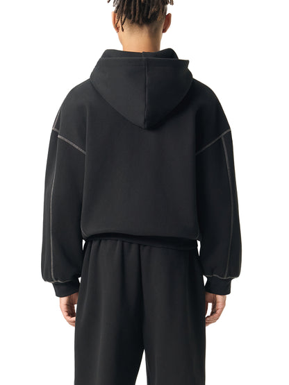 Contrast-Stitched Boxy Fleece Zip Hoodie
