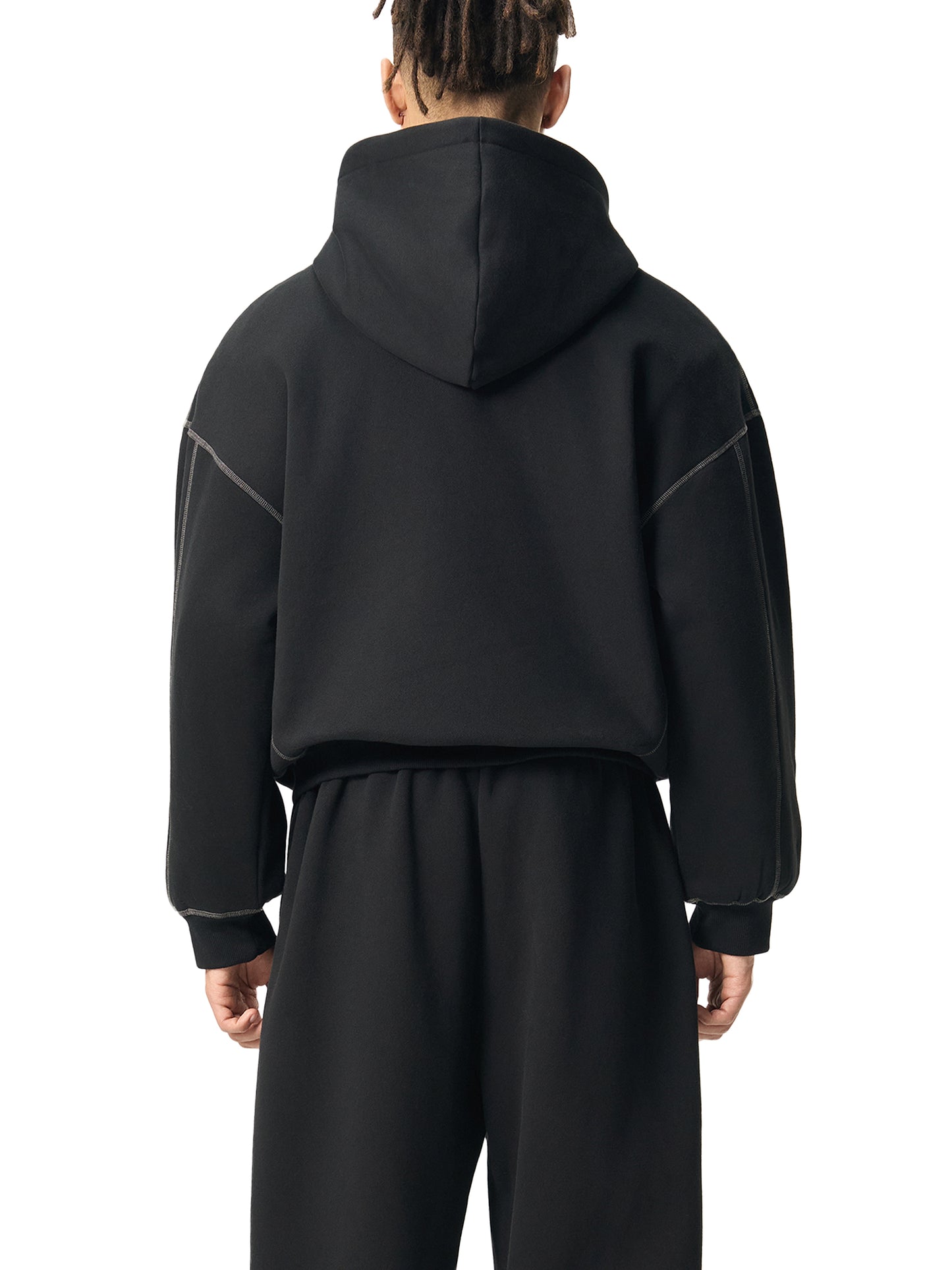 Contrast-Stitched Boxy Fleece Hoodie