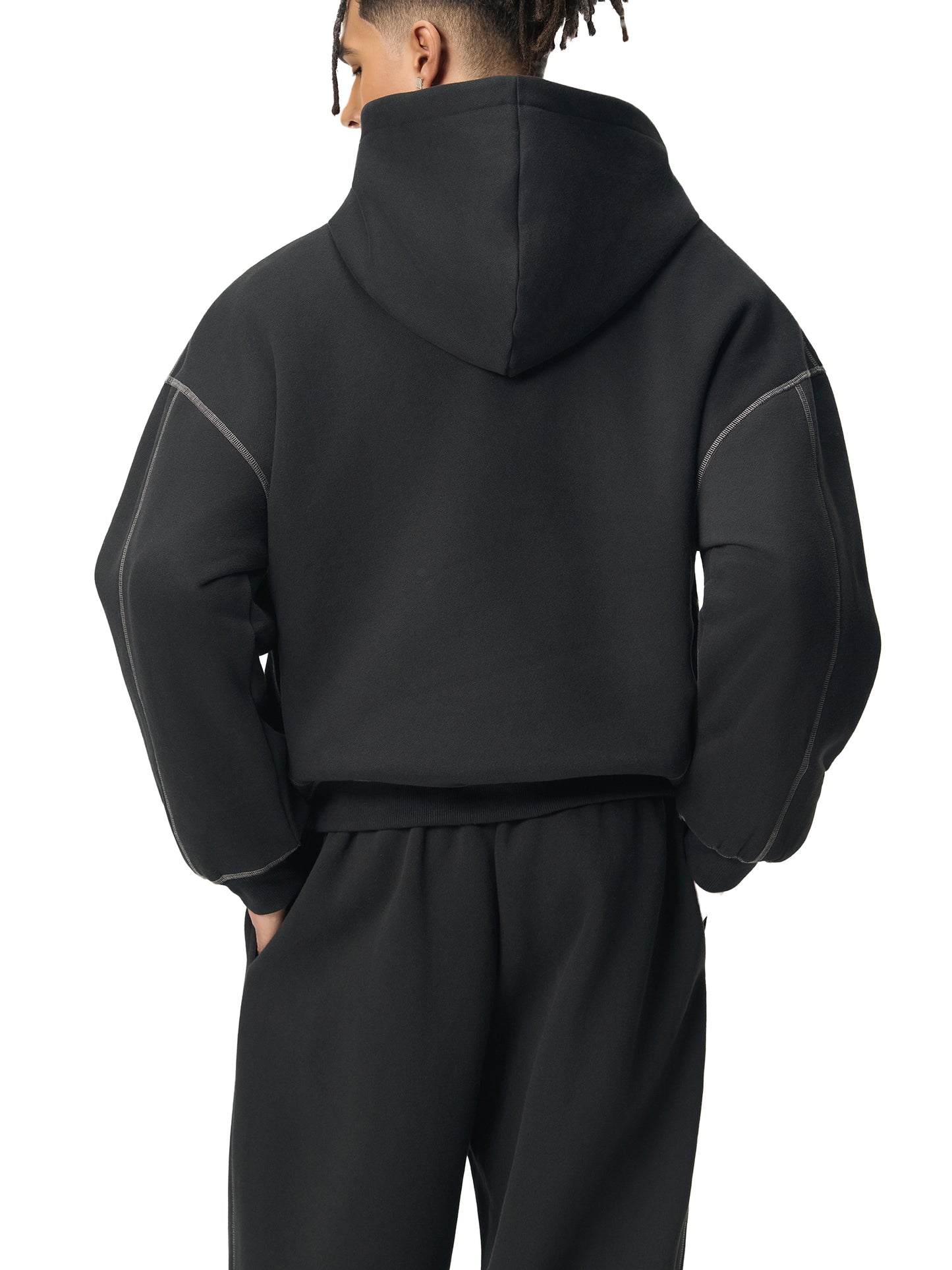 Contrast-Stitched Boxy Fleece Hoodie